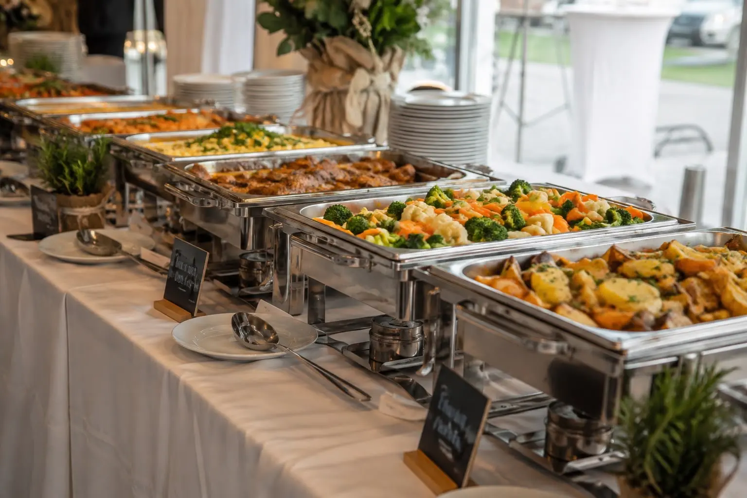 Chafing dishes of meat, vegetables, and potatoes