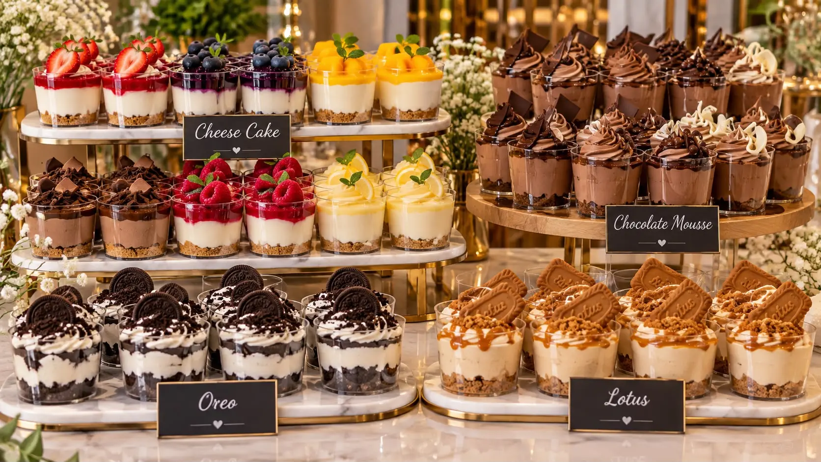 Dessert cups of cheesecake, mousse, Oreo, and Lotus