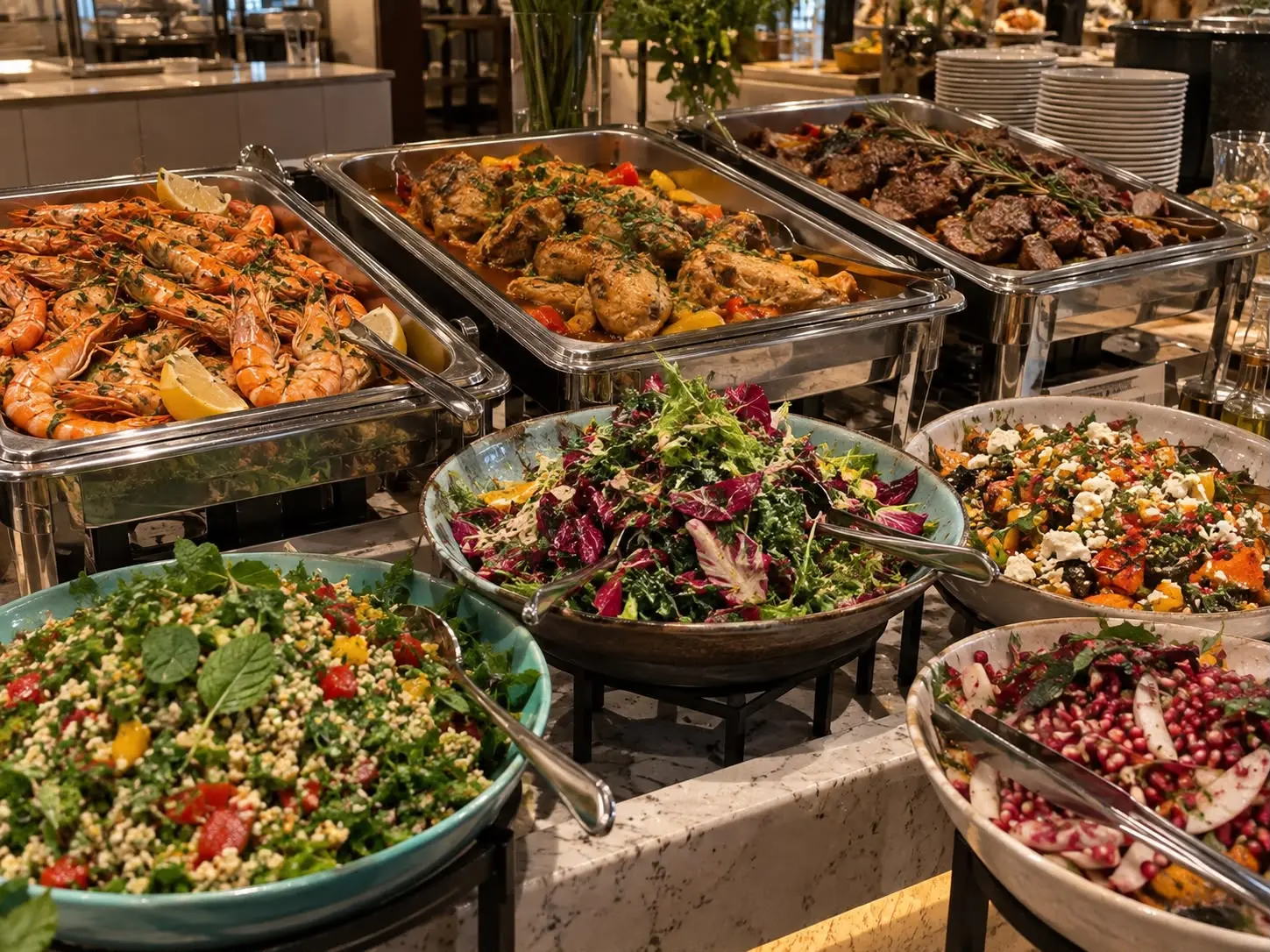 Chafing dishes of shrimp, chicken, and beef with salads
