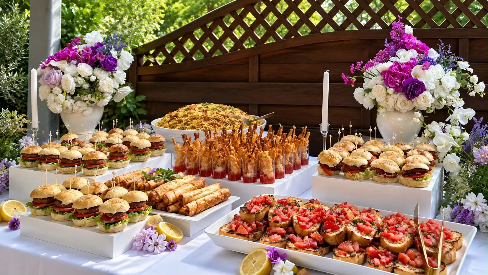 Outdoor buffet with sliders, spring rolls, and bruschetta