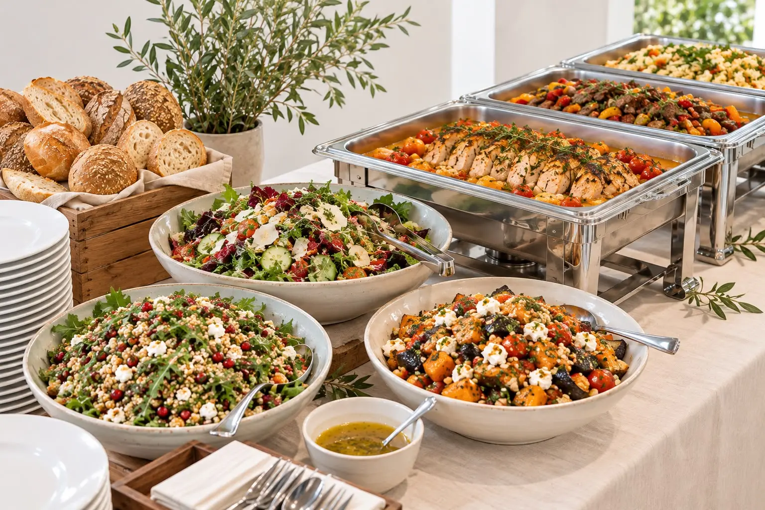 Salad bowls, bread, and roasted chicken