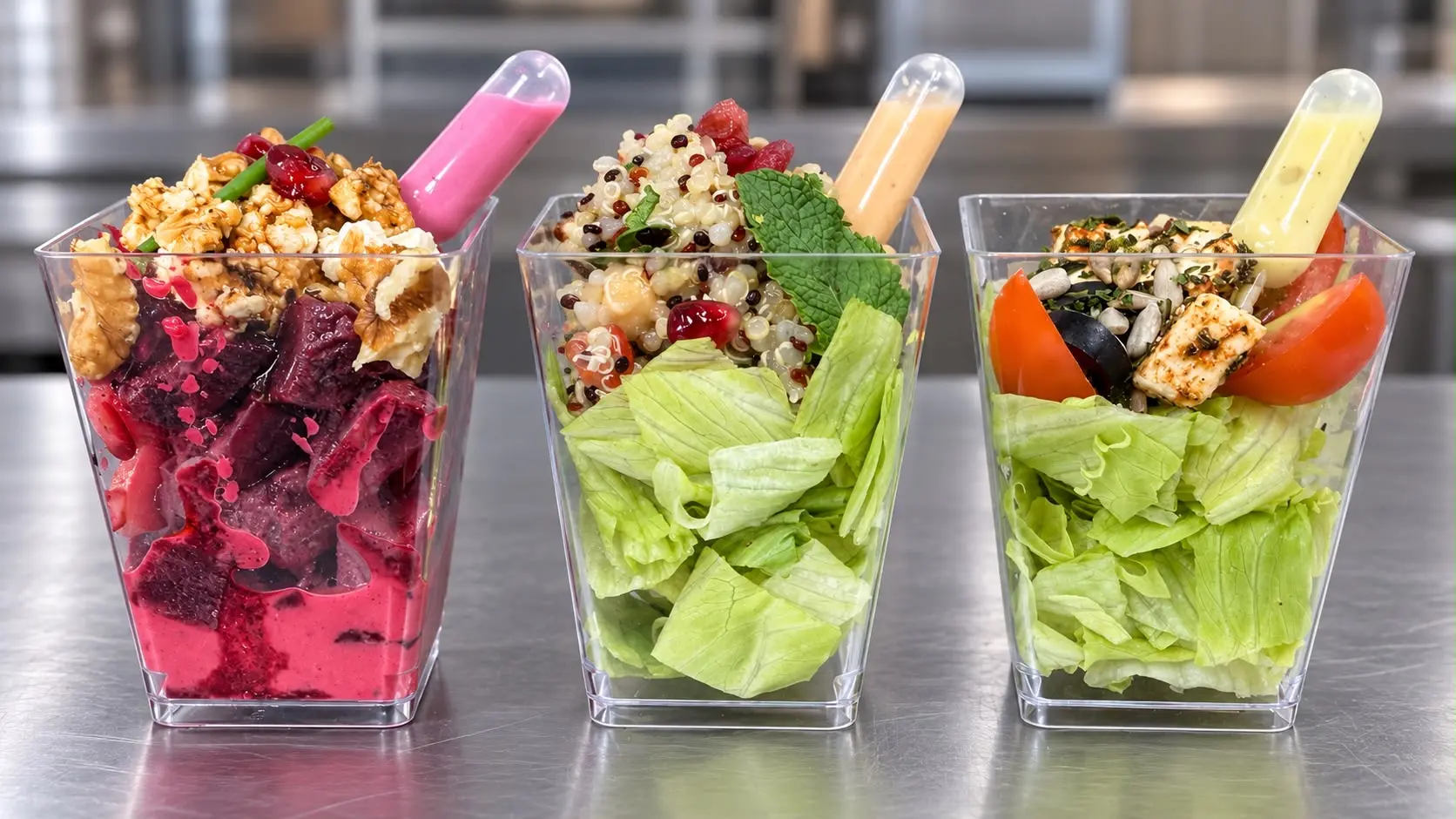 Three salad cups with beet, quinoa, and lettuce
