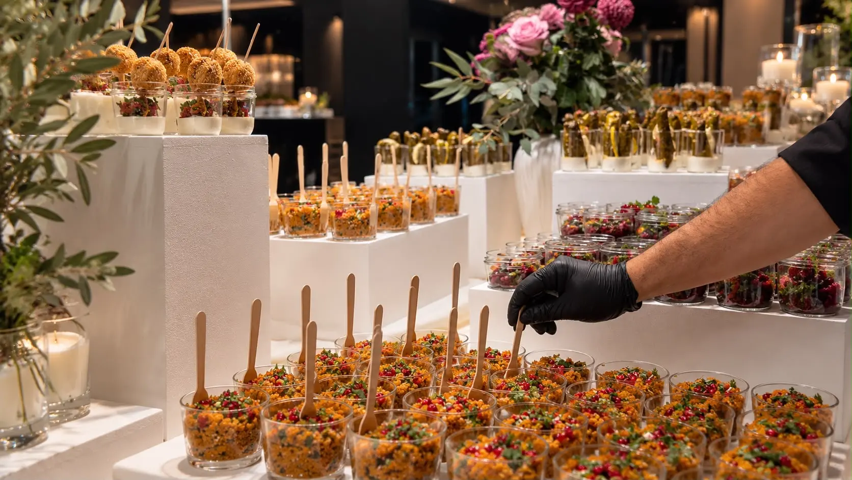 Tiered cups of bites at an evening buffet
