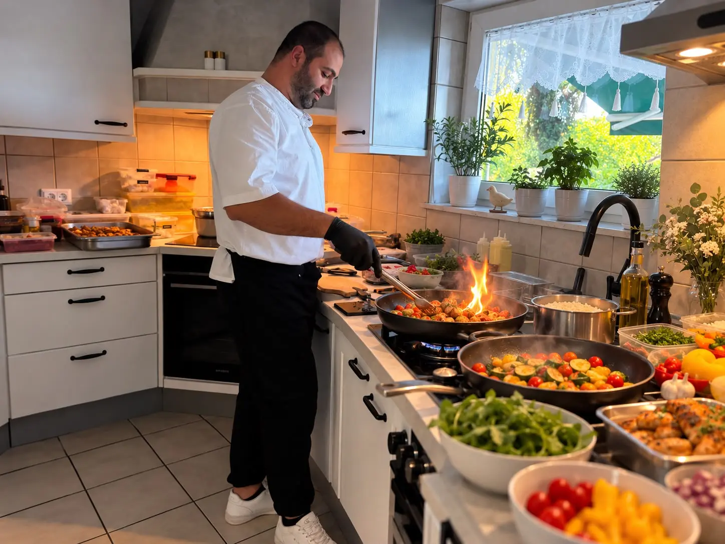 Pans on the flame with vegetables